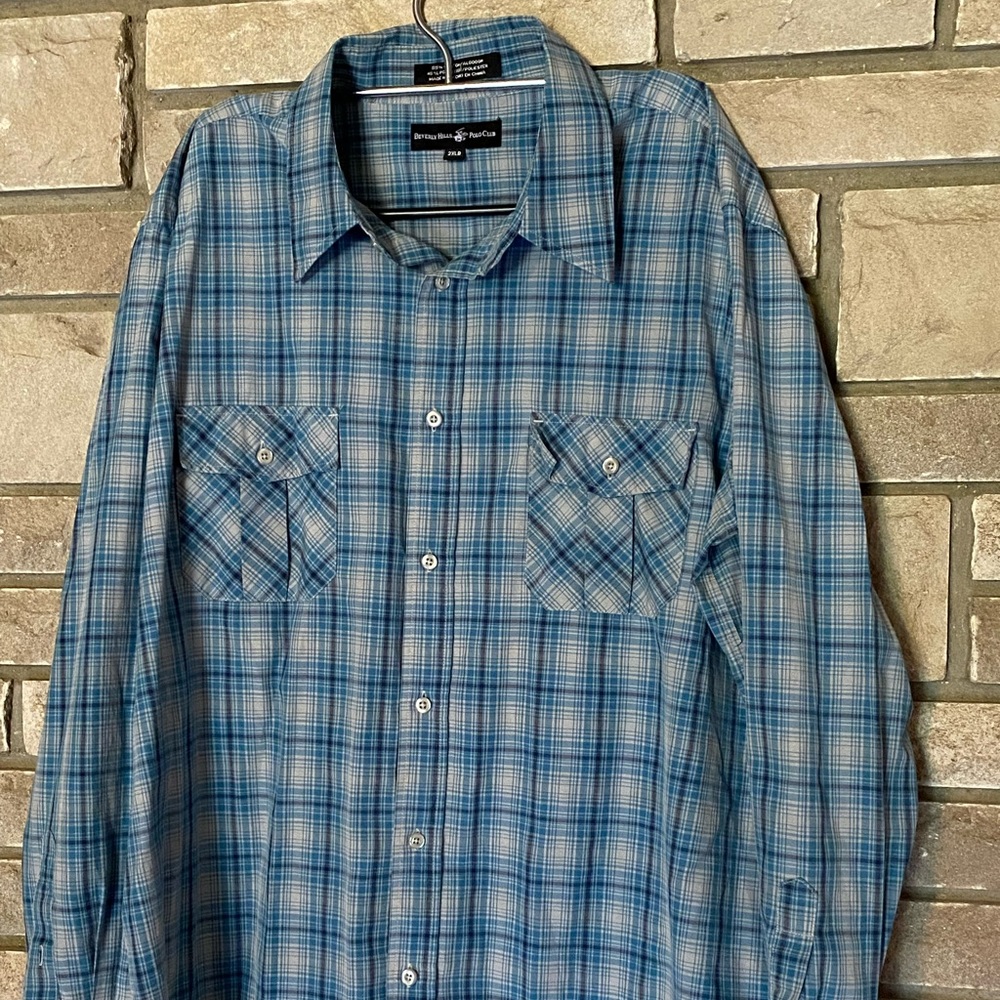 Beverly Hills Polo Club Mens 2XLB Light blue/navy plaid dress shirt